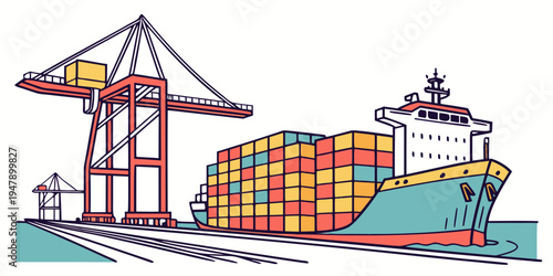 A large cargo ship with colorful containers on the deck Vector