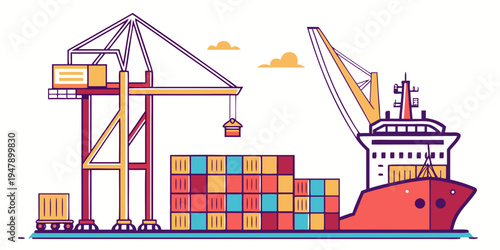 A cargo ship with containers on the deck and cranes loading more Vector