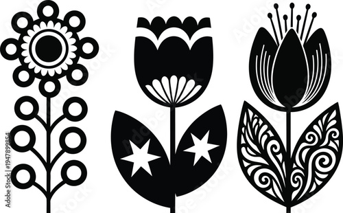 Three black stylized floral on white background flower