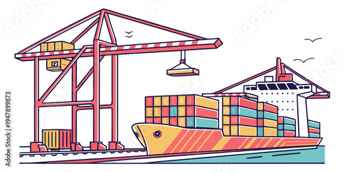 A cargo ship with containers on the deck and a crane Vector