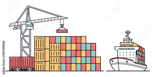 Cargo ship loading colorful shipping containers Vector
