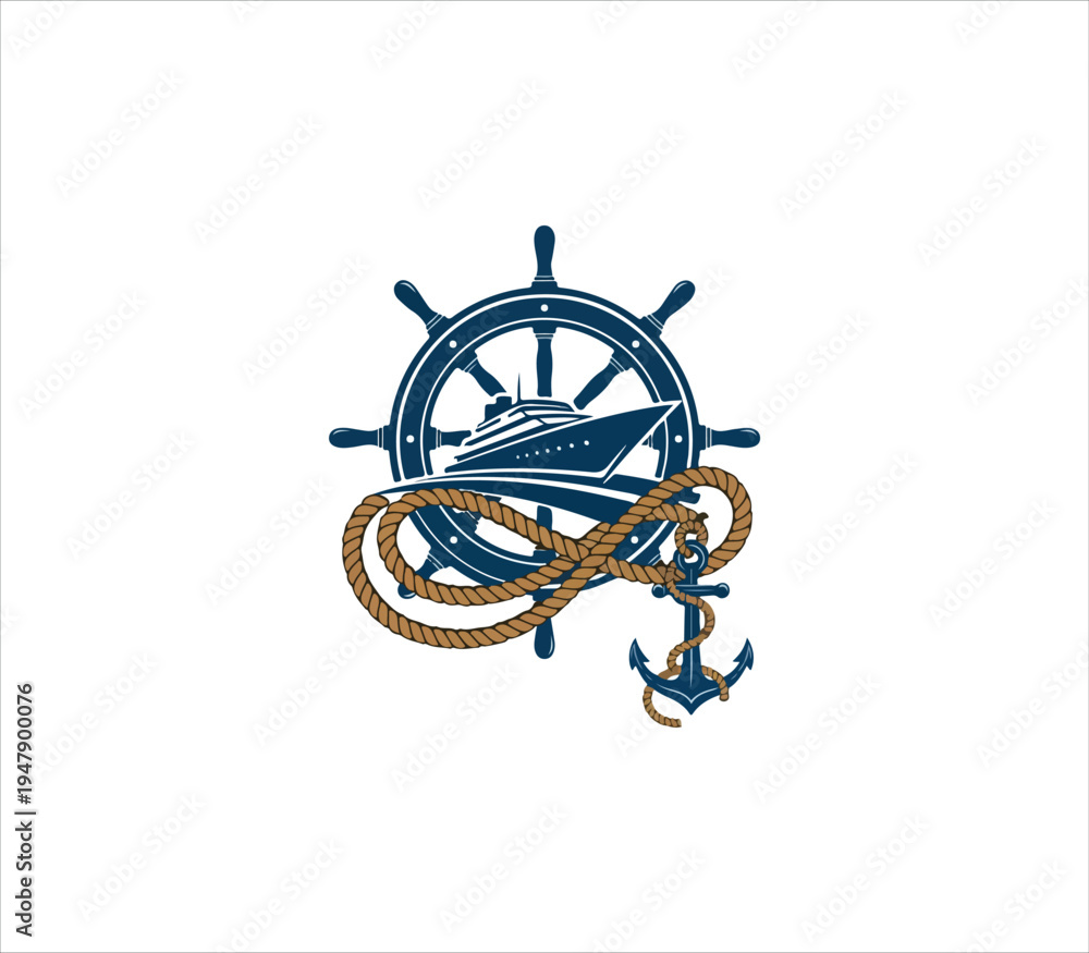 Fototapeta premium Nautical ship steering wheel with anchor and rope illustration design