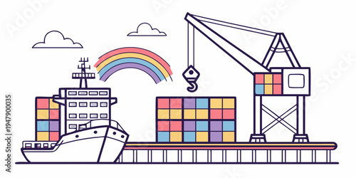 A cargo ship with containers on a dock with a rainbow Vector