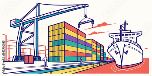 A cargo ship and crane loading colorful shipping containers Vector
