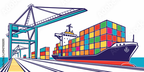 A large cargo ship loaded with colorful shipping containers Vector