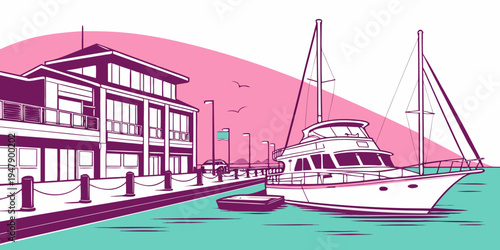 A boat is docked at a marina near a building Vector