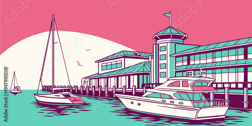 A colorful illustration of a marina with boats and buildings Vector
