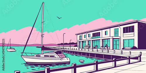 A large building with a dock and a sailboat in the water Vector