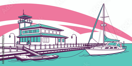 Sailboat docked at a pier with a large building Vector
