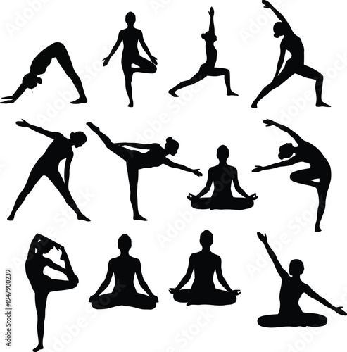 Collection of black outline yoga poses on white background