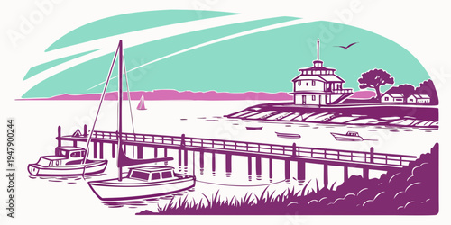 A purple and green illustration of a dock with a boat Vector