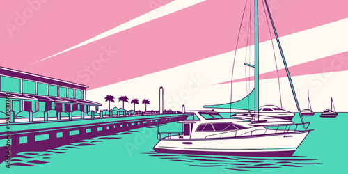 A white sailboat floats on the water near a dock Vector