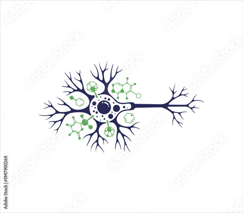 Scientific illustration of neuron with chemical molecular structures around it