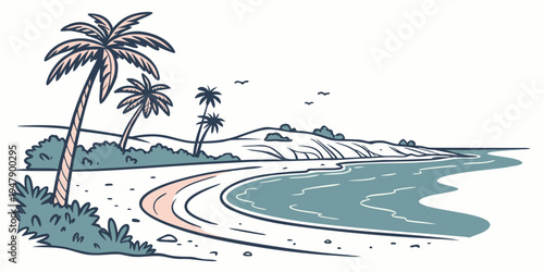 A beach with a palm tree and a body of water Vector