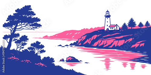 A lighthouse on a small island with trees Vector