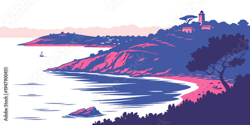 A scenic view of a coastline with a lighthouse Vector