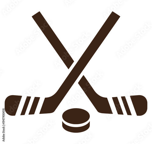 Ice hockey sticks crossed with puck on white background
