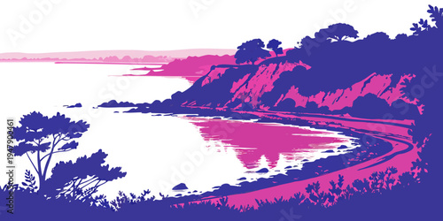 A pink and blue landscape with a body of water Vector