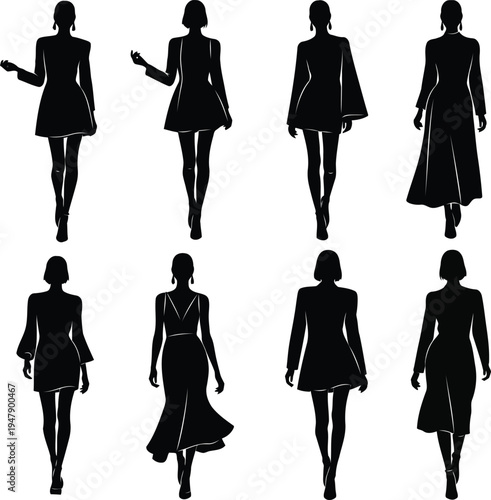 Eight black outline fashion silhouettes of women in dresses