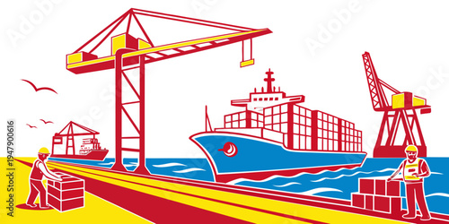 A cargo ship is docked at a port with cranes Vector