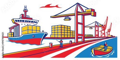 A cargo ship and crane at a port with containers Vector