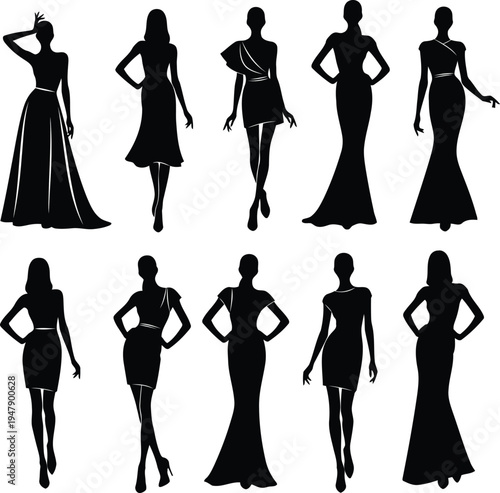 Ten black female fashion silhouettes in elegant dresses