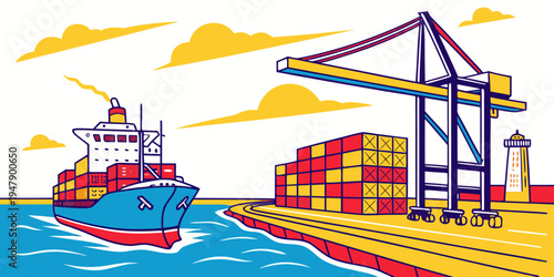 A cargo ship and crane at a shipping port Vector
