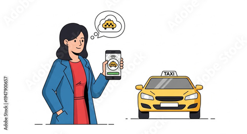 Woman Using Phone Next Taxi.