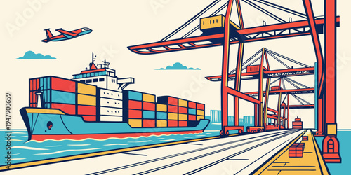 A cargo ship is docked at a port with cranes Vector