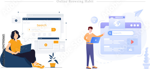 Online Browsing Habits Flat Isometric Web Search Discovery Digital Lifestyle Illustration Set