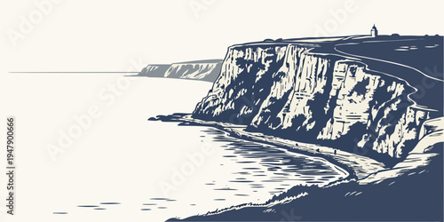 Cliffside landscape with ocean and distant landmass Vector
