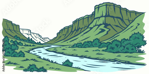A serene mountain landscape with a winding river Vector