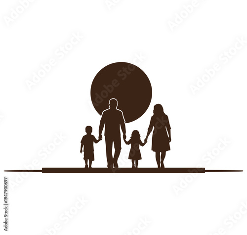 Silhouette of family with two children walking hand in hand at sunset