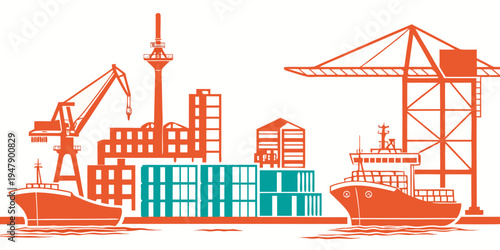 A cargo ship and containers at a port Vector