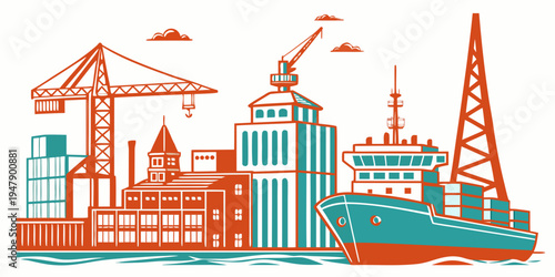 A cargo ship docks at a port with cranes Vector