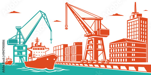 A city skyline with cranes and buildings Vector