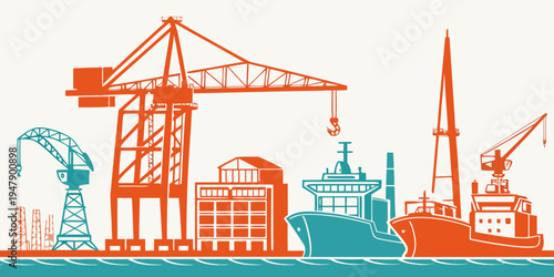A group of cranes and buildings by the water Vector