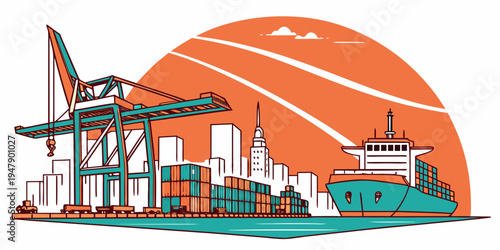 A cargo ship and cranes at a port Vector