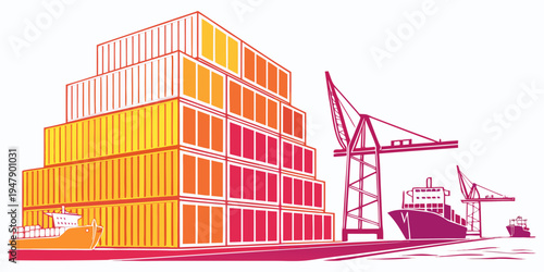 A cargo ship loading containers at a port Vector