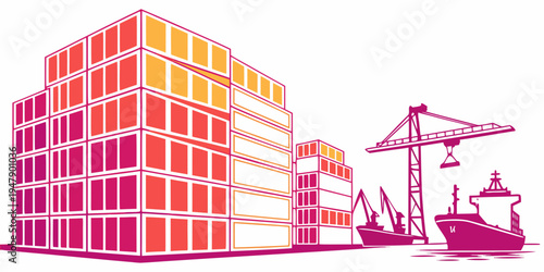 A large building next to a crane and a boat Vector