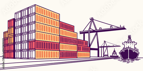 A stack of shipping containers at a port Vector