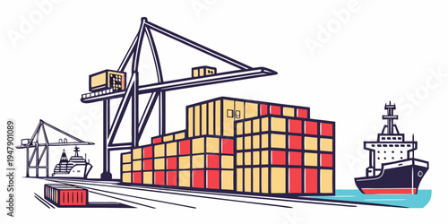 A cargo ship and cranes loading shipping containers Vector
