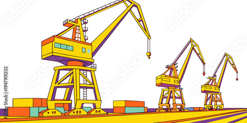 Three large yellow cranes on a dock with shipping containers Vector