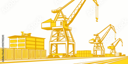 A yellow silhouette of a construction site with cranes and containers Vector