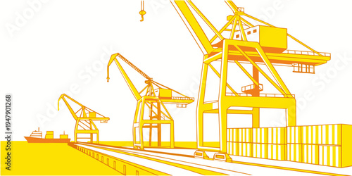 A yellow construction site with cranes and a fence Vector