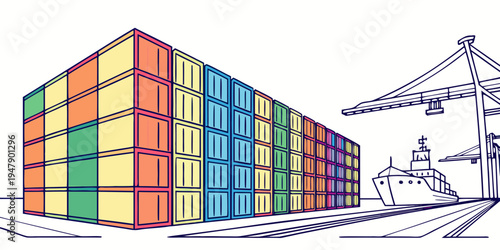 A colorful shipping container in a port Vector