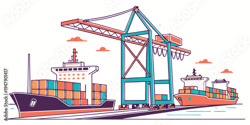 A cargo ship and tug boat with a crane Vector
