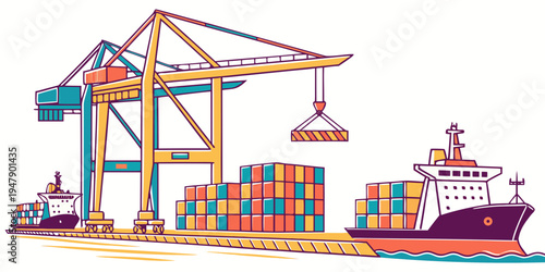 A cargo ship and crane loading colorful shipping containers Vector