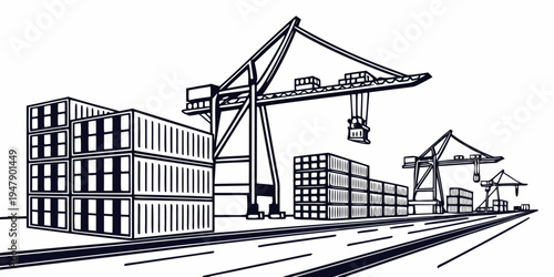 A cargo port with cranes and shipping containers Vector