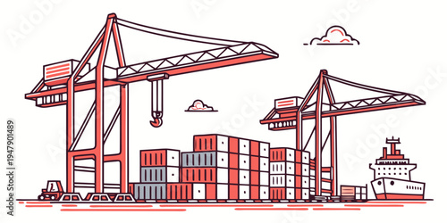 A large industrial port with several cranes and shipping containers Vector
